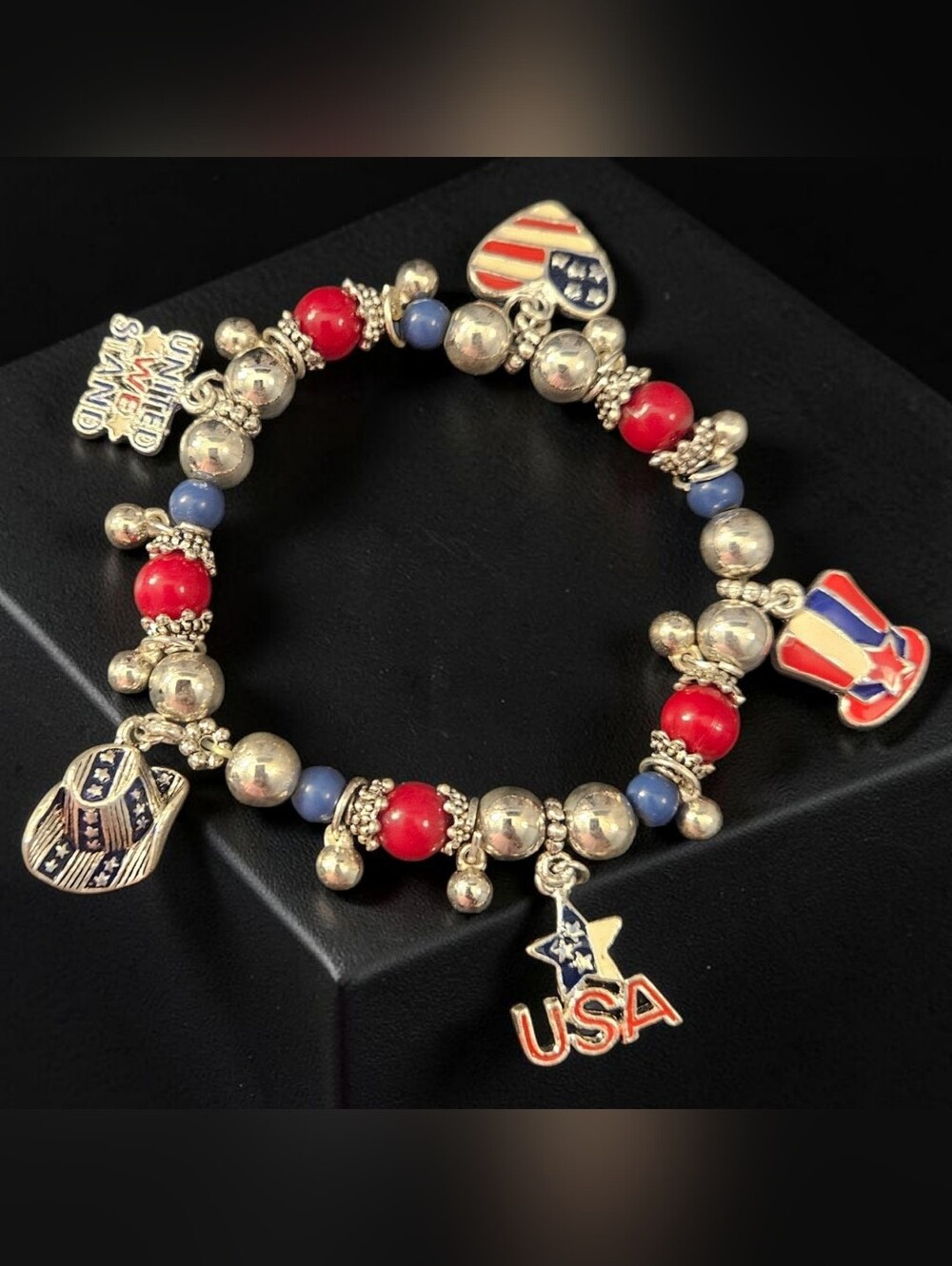 Patriotic-themed Beaded Stretch Charm Bracelet